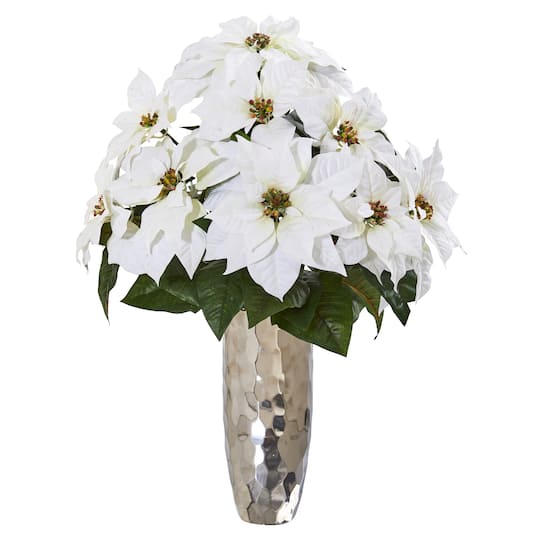 27&#x22; White Poinsettia Arrangement in Silver Cylinder Vase